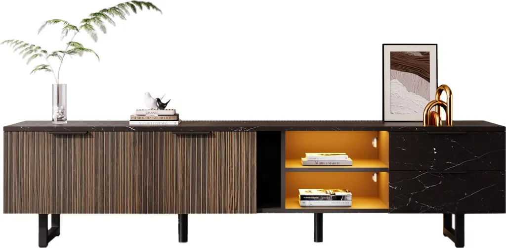 Meuble TV avec LED réglables et portes bois massif noir 200 cm Sweiko