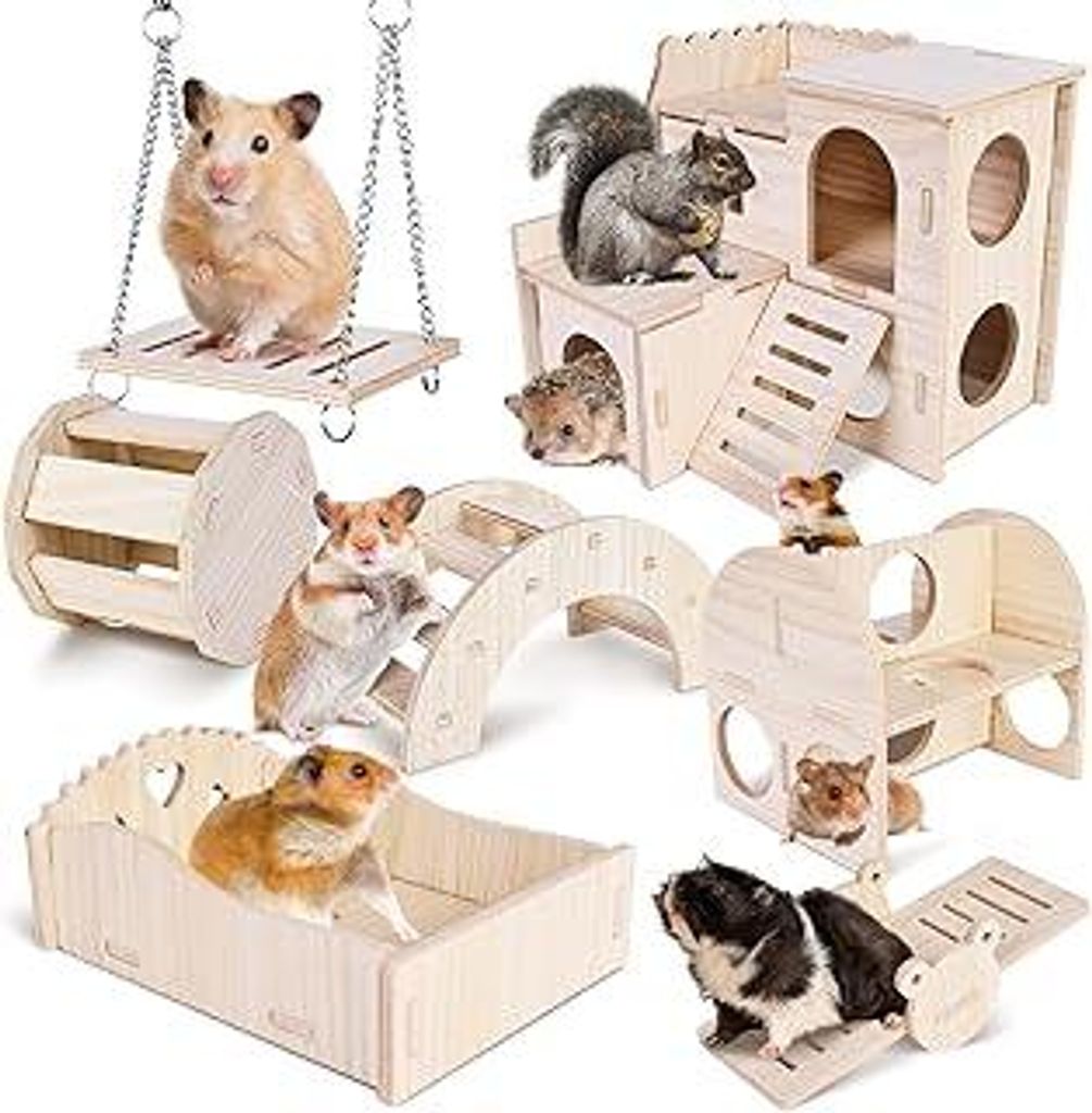 Hamster Spielzeug Haus Hamsterkäfig Zubehör: 7 Stück DIY Holz Hamster Kauspielzeug, Meerschweinchen Spielzeug Hamsterrad Brücke Schaukel Hamste...
