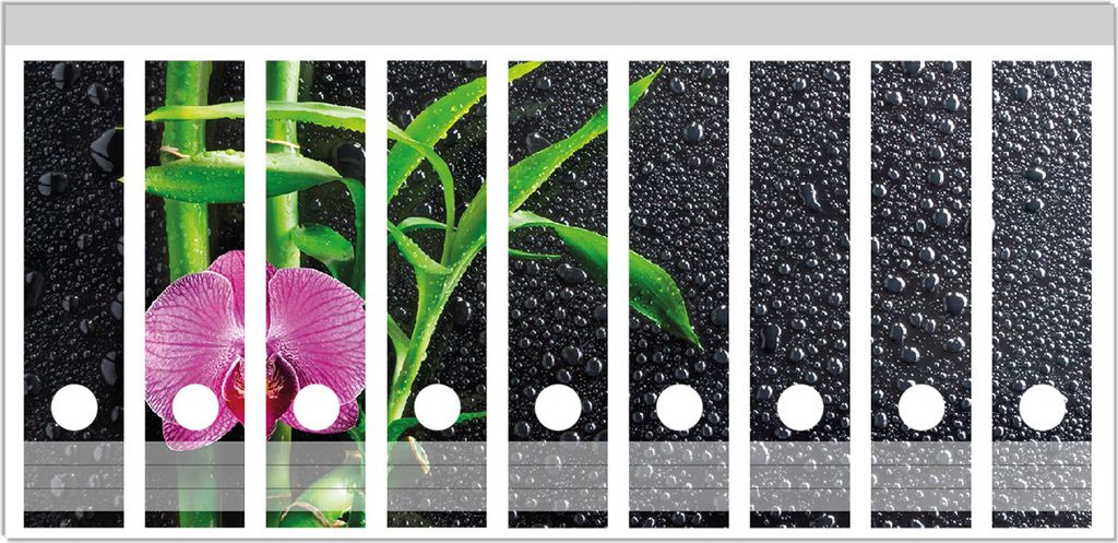 Wallario Ordnerrücken Sticker, selbstklebend für breite Ordner, 9 Stück, Motiv Bambus und pinke Orchidee auf schwarzem Glas mit Regentropfen