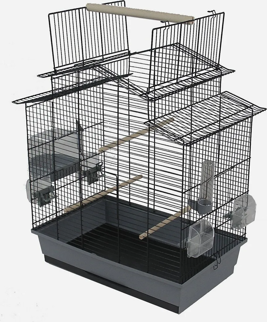 Gabbia Design Nero Grigio per Uccelli e Canarini con Area Gioco