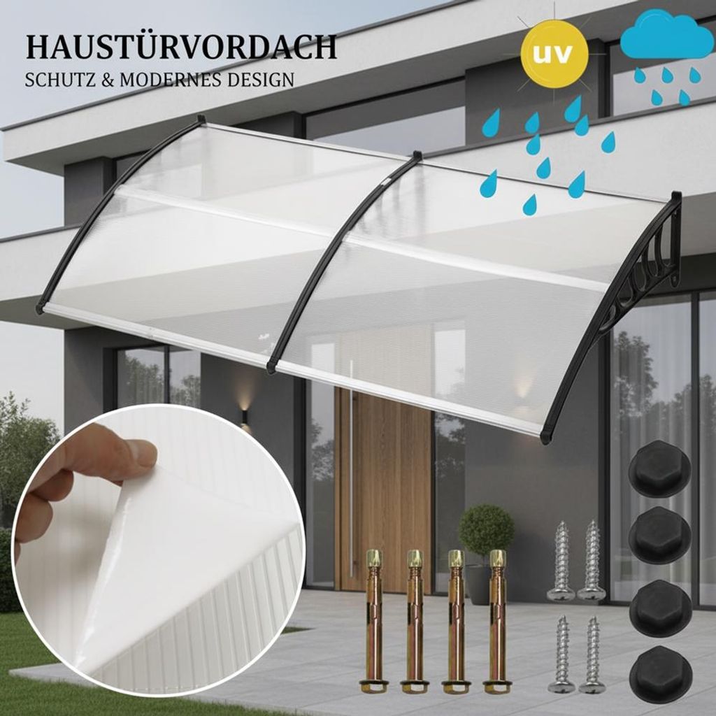 Vordach 300x90 cm Haustür Überdachung Polycarbonat mit Aluprofil