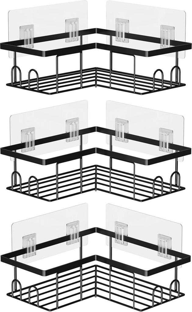 Duschregal ohne Bohren - 3 Stück Eck-Duschcaddy - Selbstklebendes Eckregal Badezimmer Aufbewahrung - Duschkorb mit 12 Haken