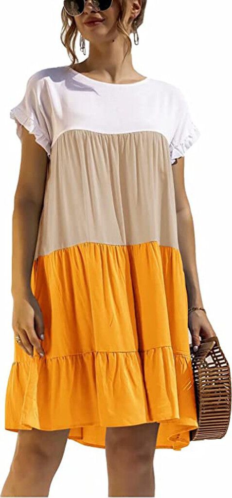 ASKSA Damen Kurzarm Kleid Colorblock Rüschen Rundhals Freizeitkleid Lässige Midikleider Sommer Loose Swing Kleider, Gelb, XXL