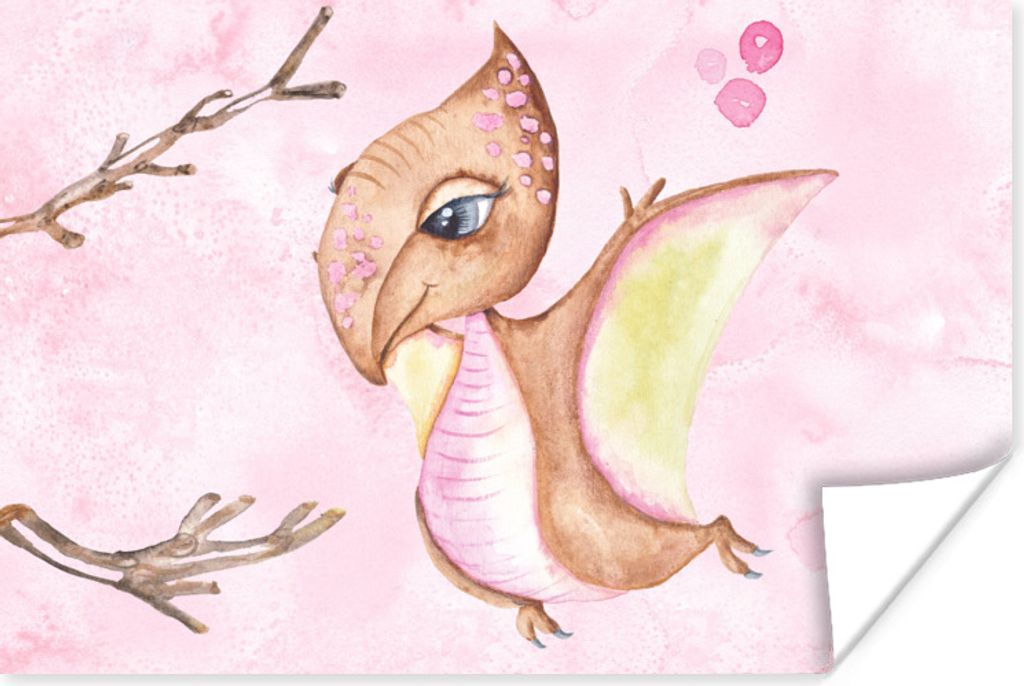MuchoWow Poster Dinosaurier - Kinderzimmer - Zweige - Mädchen - Kinder - Rosa 60x40 cm - Schlafzimmerdekoration