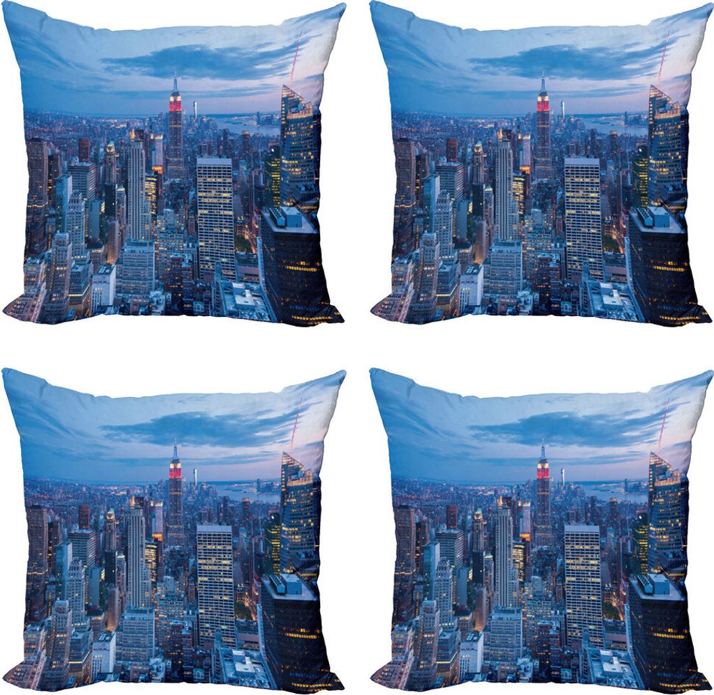 ABAKUHAUS New York Kissenbezug Set (4 Stück), Sonnenuntergang in NYC Foto, Moderner Doppelseitiger Digitaldruck, 40 cm x 40 cm, Blau