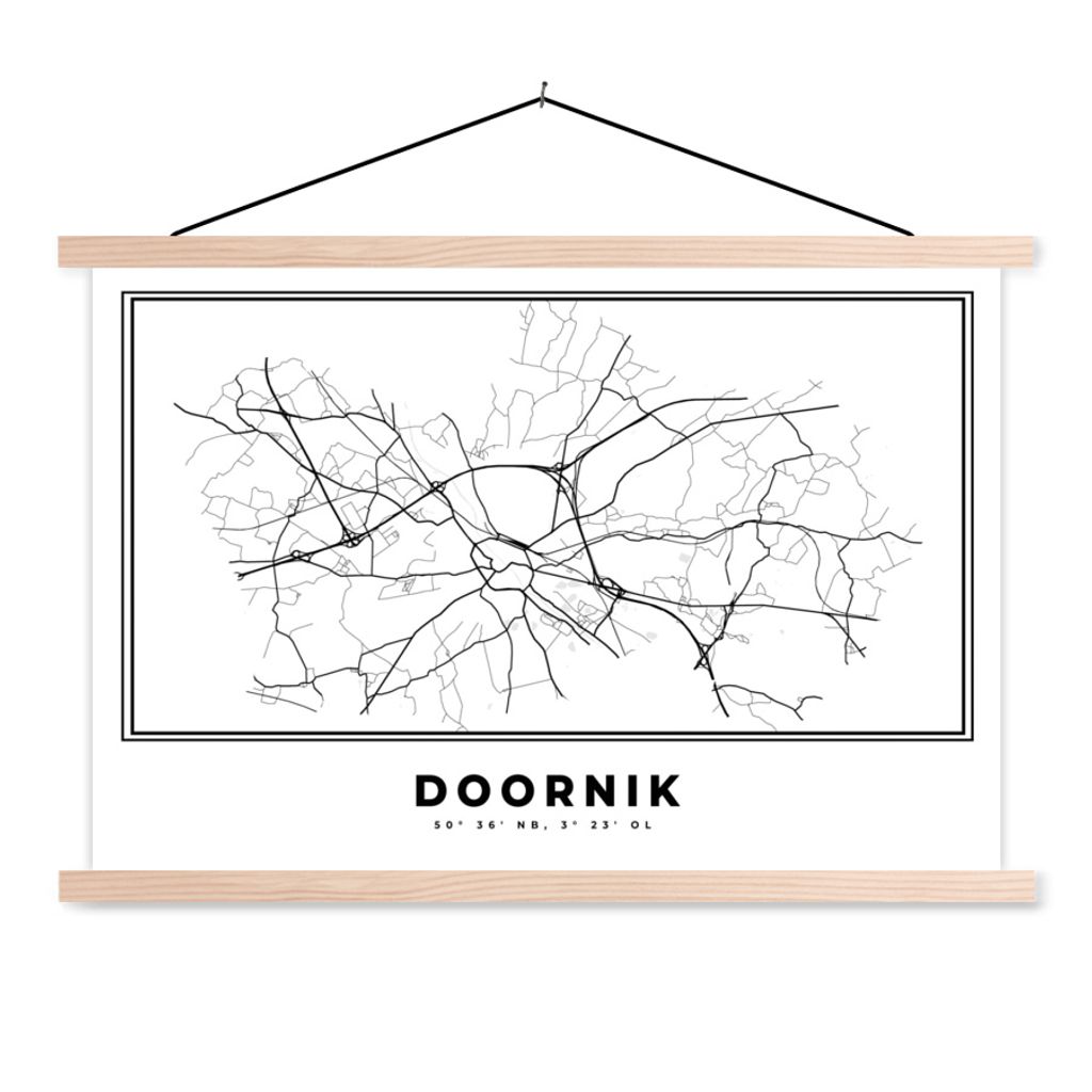 MuchoWow Textilposter Stadtplan - Schwarz und weiß - Tournai - Belgien - Karte 120x80 cm mit holzfarbenen Rahmen - Aufhängeset