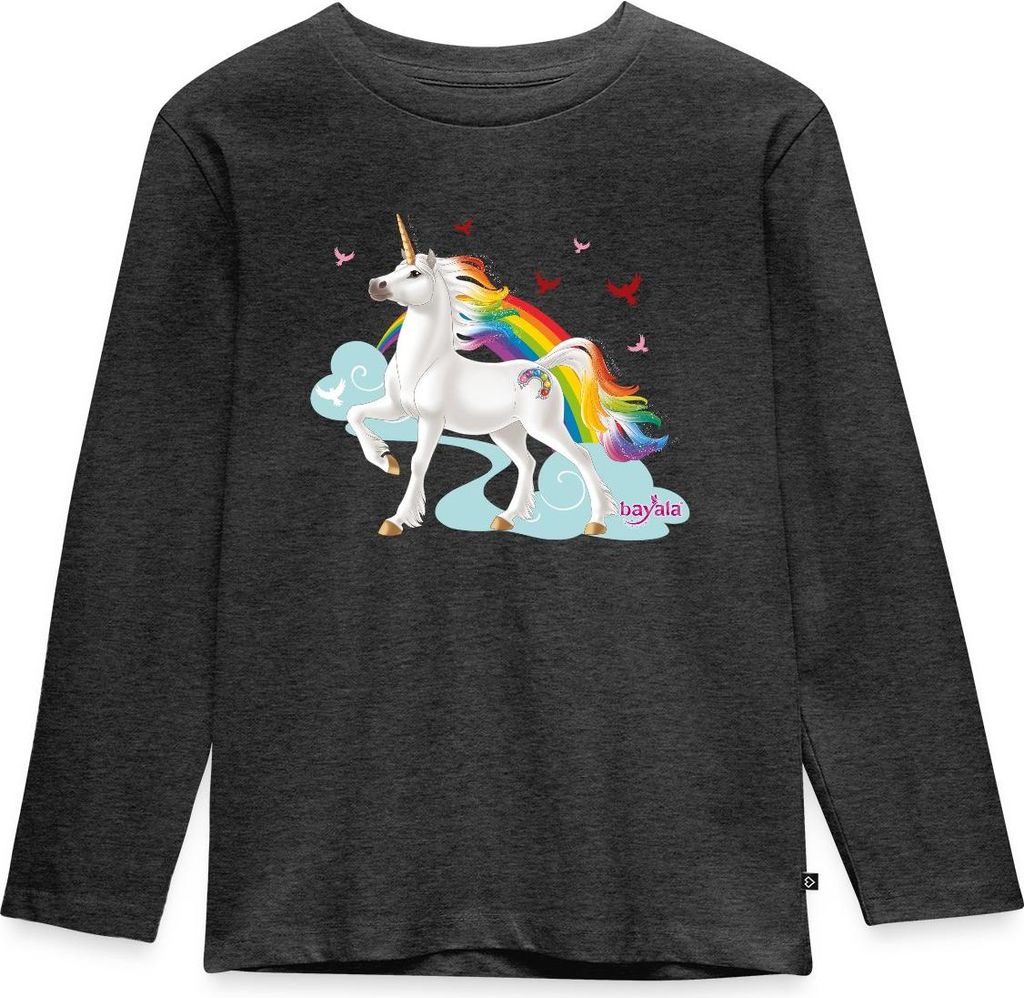 Spreadshirt Schleich Bayala Regenbogeneinhorn Hengst Kinder Premium Langarmshirt, 98/104 (2 Jahre), Anthrazit meliert