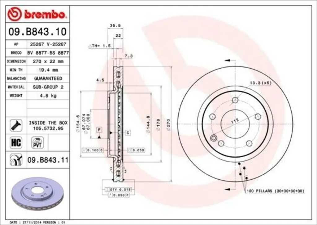 Brembo 09.B843.11 Disque de Frein Traité pour Vaneo 414 Code 4144210012