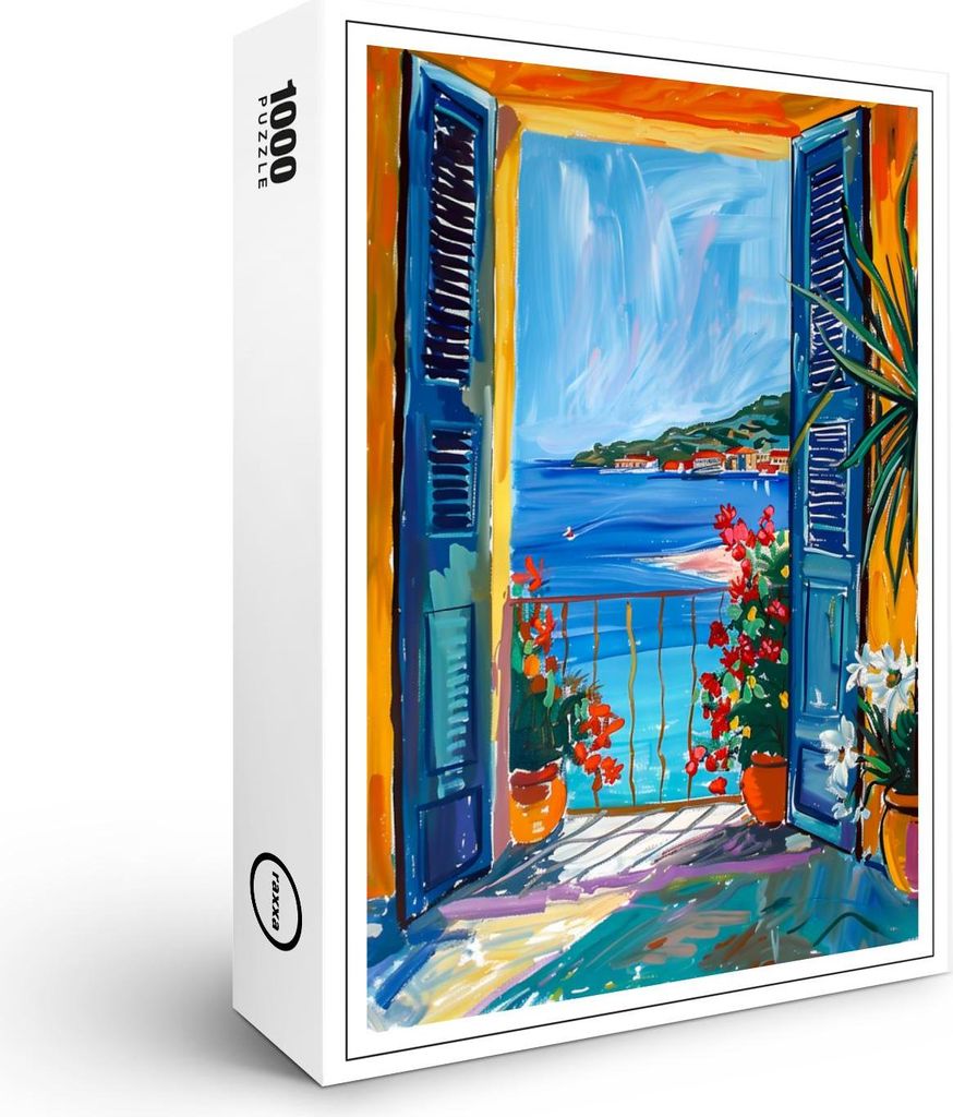raxxa Premium-Puzzle „Blick durch die Terrassentür auf eine Mittelmeerbucht mit zwei blühenden Dipladenia-Töpfen“, 1000 Teile