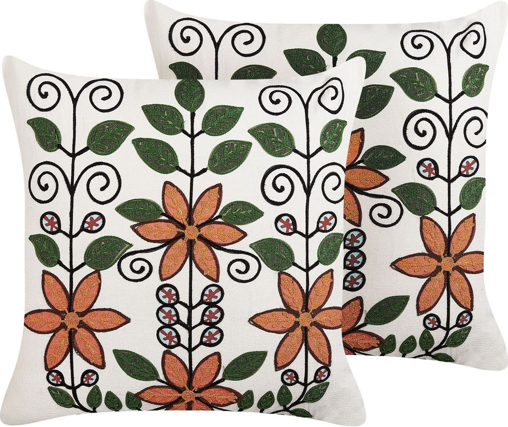 BELIANI Dekokissen 2er Set Mehrfarbig Baumwolle und Wolle mit Gesticktem Blumenmuster 50 x 50 cm Salon Schlafzimmer Wohnzimmer Quadratisch Boho Stil