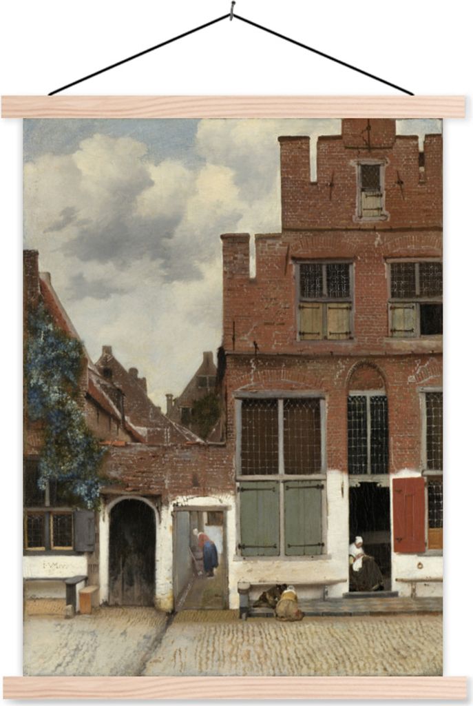 MuchoWow Textilposter Die kleine Straße - Johannes Vermeer 120x160 cm mit holzfarbenen Rahmen - Plakatkarton