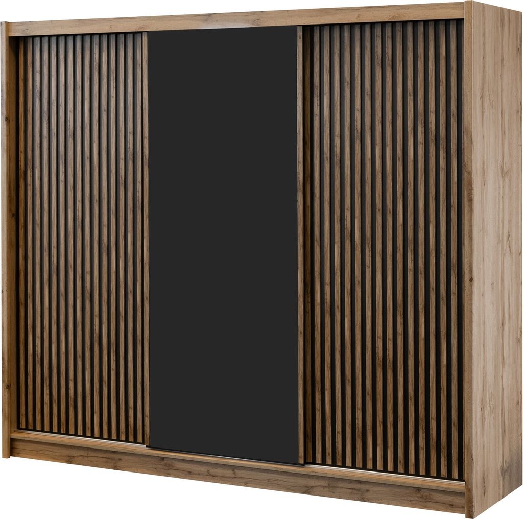 Furniture24 Kleiderschrank London 250 Schwebetürschrank Schrank 3 Schiebetüren Lamellentüren Wotan Eiche/Schwarz