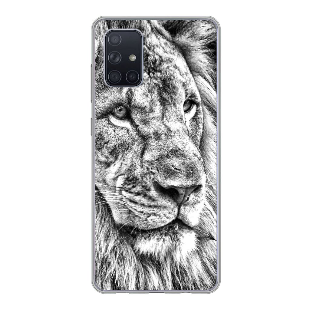 MuchoWow Handyhülle Schutzhülle Hülle für Samsung Galaxy A51 5G Porträt - Löwe - Schwarz und weiß Silikon Softcase Handy Hülle - Abbildung