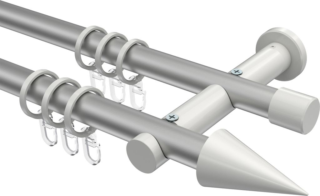 Interdeco Gardinenstange / Vorhangstange Silbergrau / Weiß, Typ Platon Savio (Kegel), 20 mm Ø 2-läufig, 480 cm
