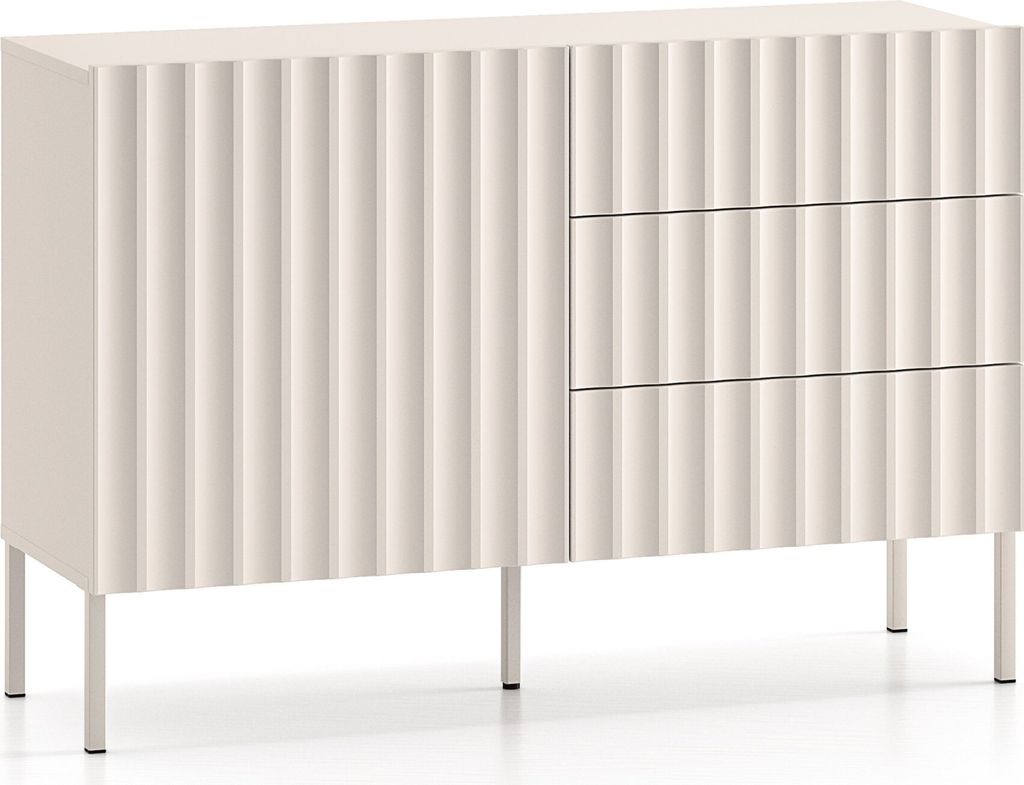A light beige sideboard with fluted fronts and drawers, shown on a white background.