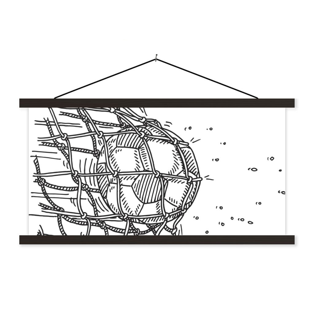 MuchoWow Textilposter Eine Illustration eines Fußballschusses ins Tor - Jungen - Mädchen - Kinder 90x45 cm mit schwarzem Rahmen - Klemmleisten