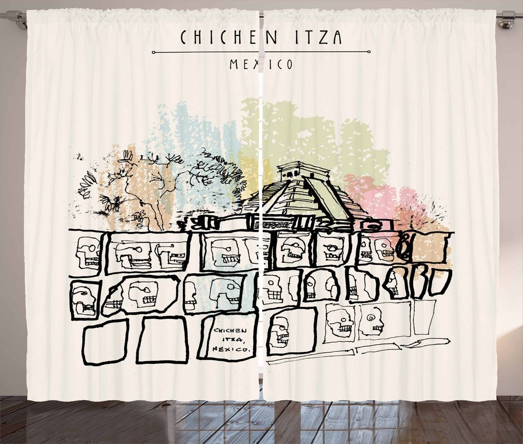 ABAKUHAUS Mexikaner Rustikaler Gardine, Gebäude und Grab, Schlafzimmer Kräuselband Vorhang mit Schlaufen und Haken, 280 x 175 cm, Mehrfarbig