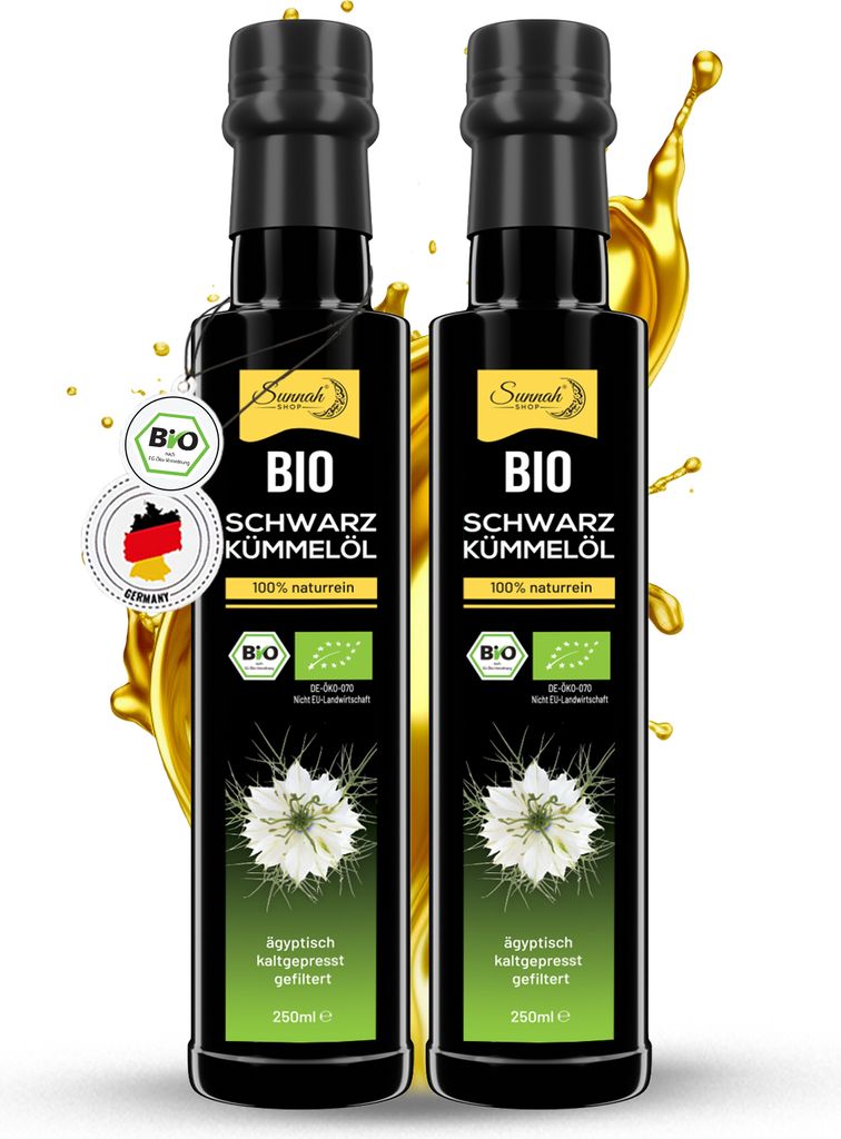 Sunnah Shop Schwarzkümmelöl gefiltert kaltgepresst 250ml (2er Pack) - Black Seed Oil Organic - 100% rein aus ägyptischen Nigella Sativa