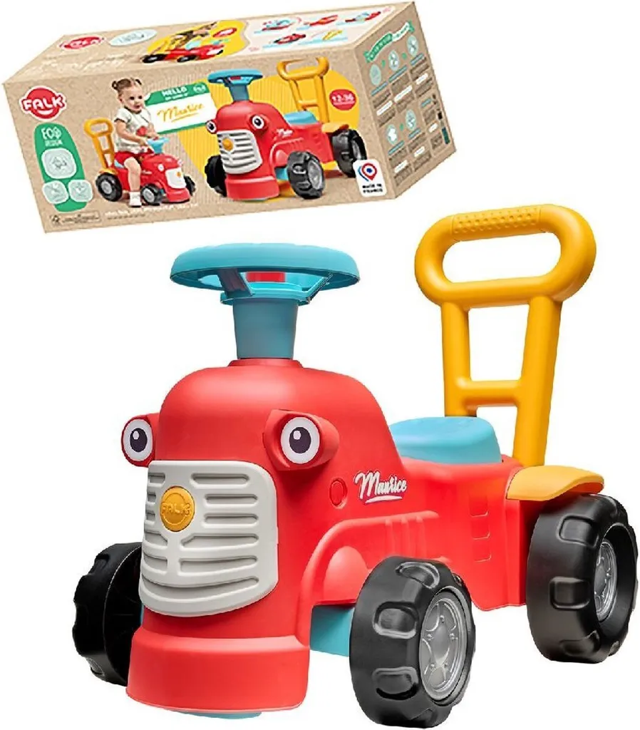 Tracteur Maurice rouge avec carrosserie métal et roues silencieuses