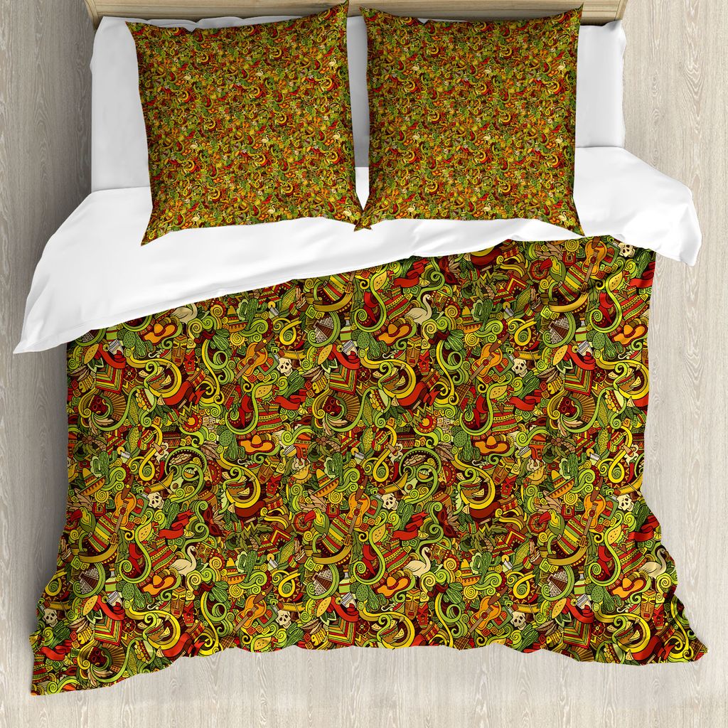 ABAKUHAUS Fiesta Bettbezug, Cartoon-Stil Mexiko, Milbensicher Allergiker geeignet mit Kissenbezügen, 200 cm x 200 cm - 80 x 80 cm, Mehrfarbig