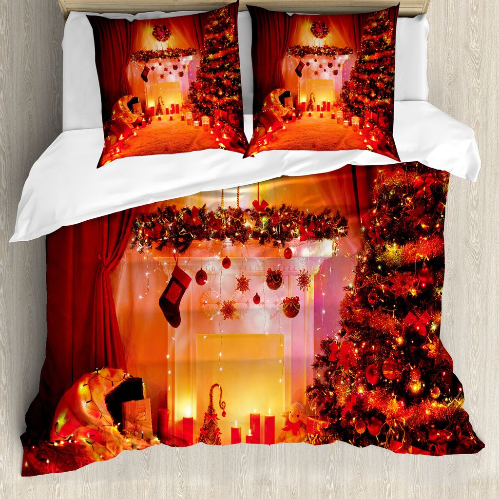 ABAKUHAUS Weihnachten Bettbezugs Set Für Doppelbetten, Noel Kamin Kerzen Foto, Milbensicher Allergiker geeignet mit Kissenbezügen, Orange Zinnobe...
