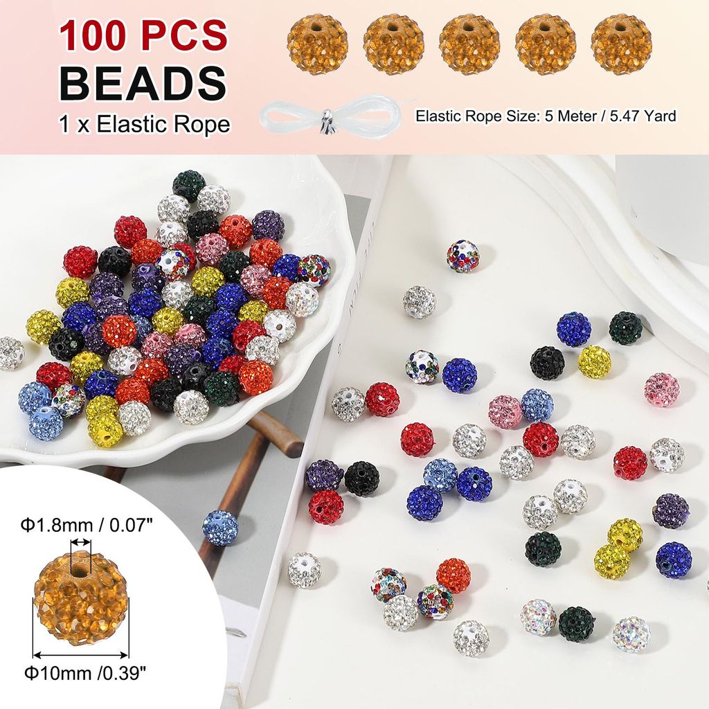 100 Stš¹ck Strassperlen Gro?e Perlen zum Auff?deln, 10mm Gl?nzende Runde Disco Ball Clay Perlen Loch Glitzerperlen fš¹r Armb?nder Halskette DIY...