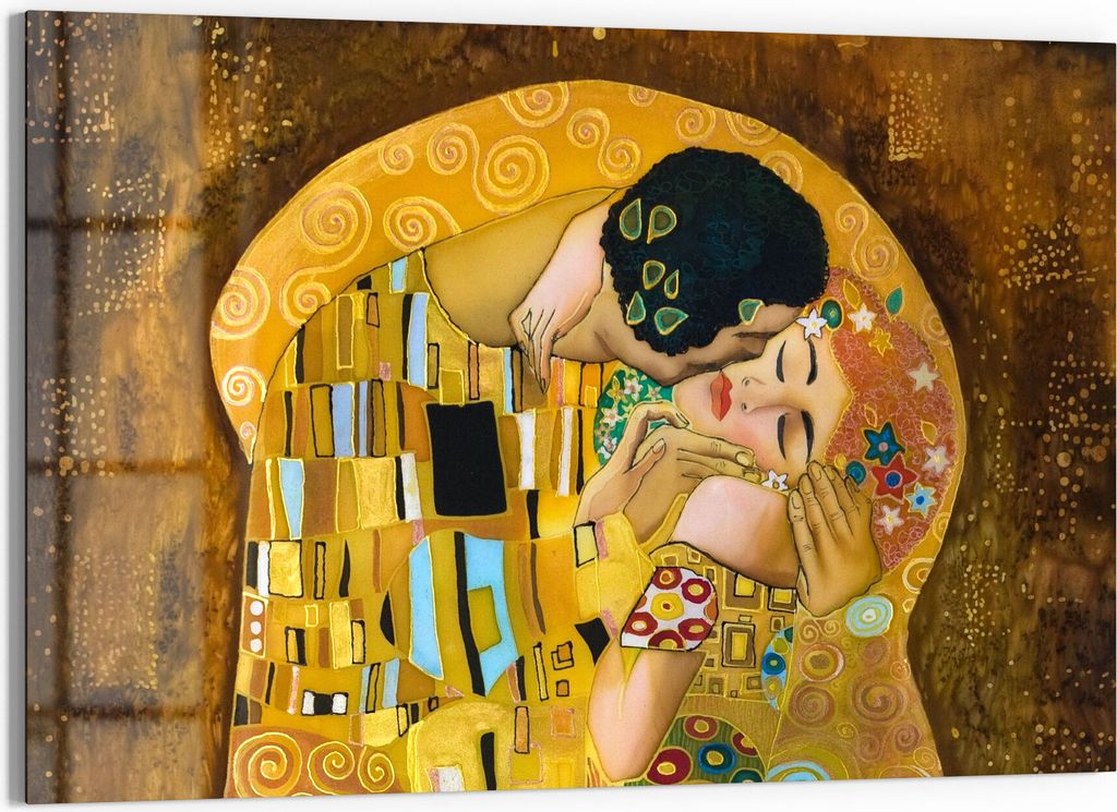 DEQORI Glasbild Echtglas 90x60 cm 'Der Kuss von Gustav Klimt' Wandbild Bild modern Deko