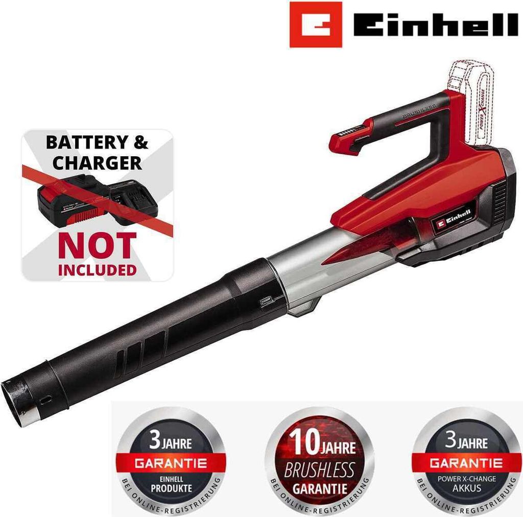 A product image of a red and black leaf blower with marketing text and warranty badges.