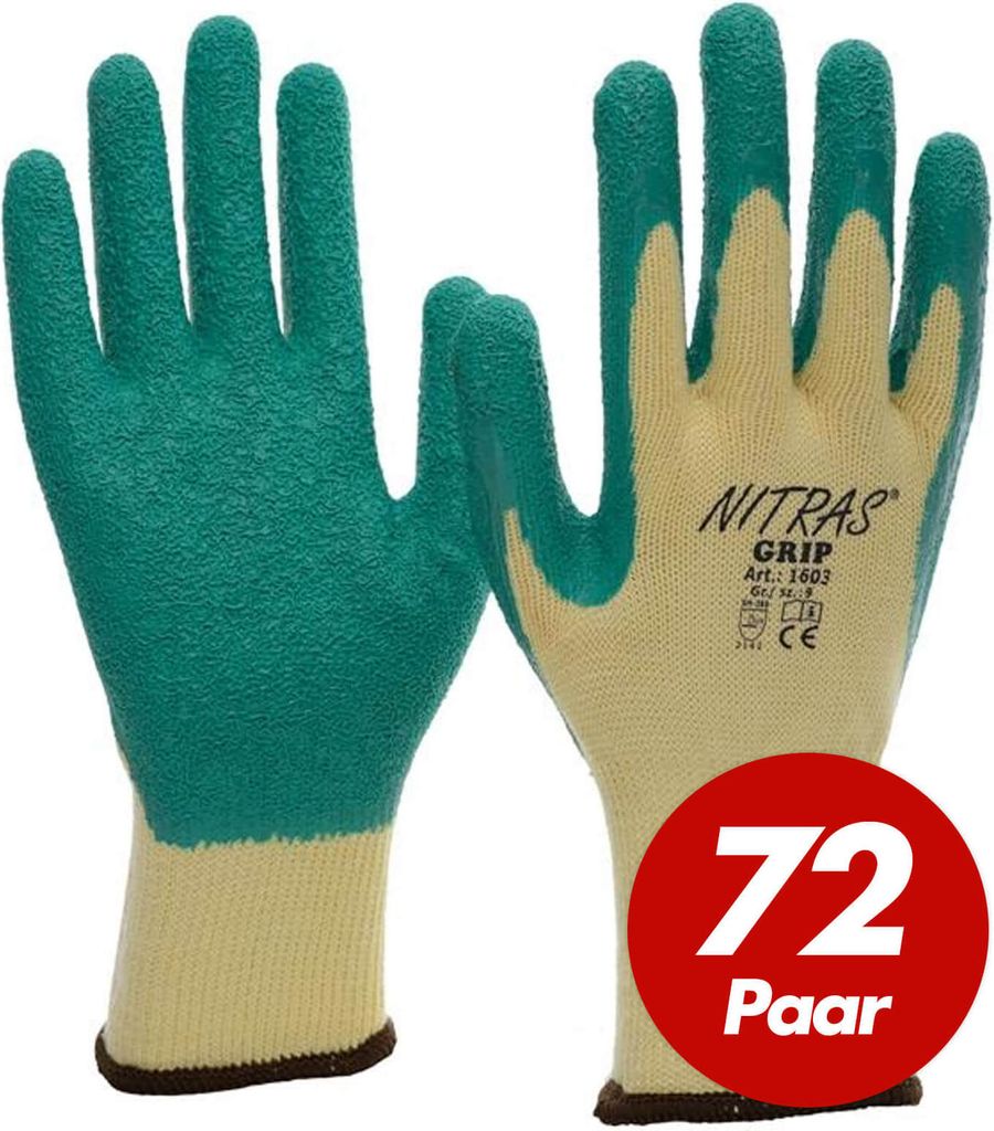 NITRAS 1603 GRIP Strickhandschuhe Arbeitshandschuhe mit Latexbeschichtung, Allroundhandschuh VPE 72 Paar Größe:8