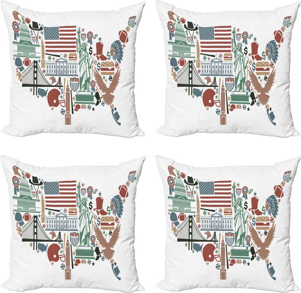 ABAKUHAUS Karte Kissenbezug Set (4 Stück), Reise Wahr USA-Flagge, Moderner Doppelseitiger Digitaldruck, 50 cm x 50 cm, Mehrfarbig