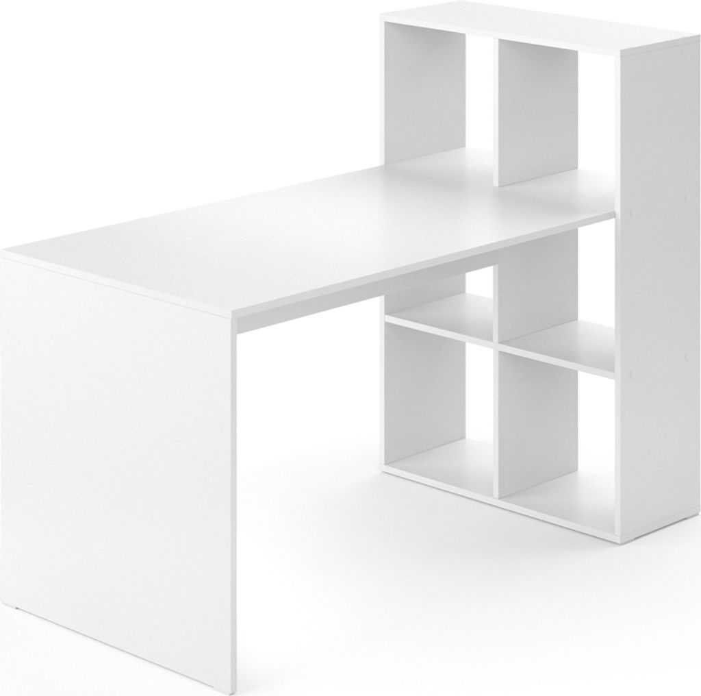 A white desk with integrated shelving units.
