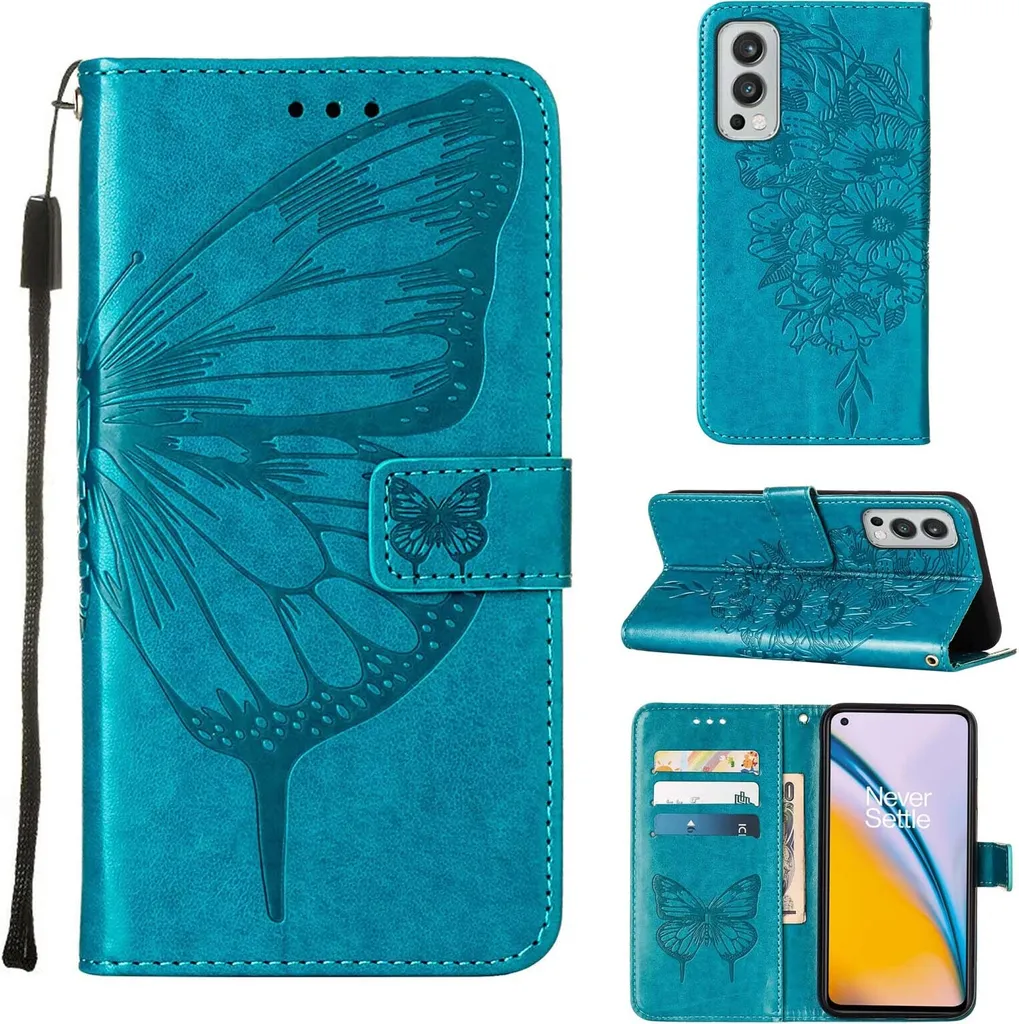 Cover OnePlus Nord 2 5G Blu Farfalla: Custodia Elegante Flip in Pelle