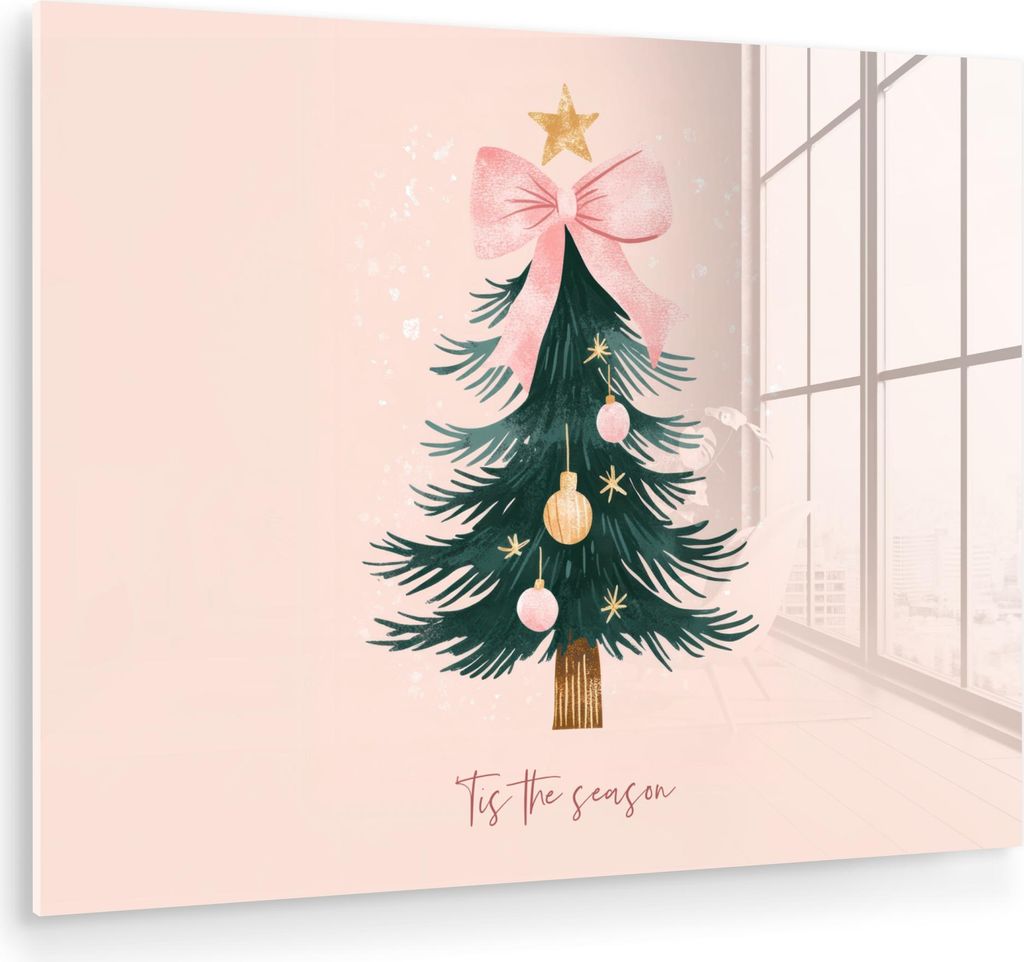 MuchoWow Glasbilder - Bilder auf Wandbild - Foto auf Glas Weihnachtszeit - Weihnachtsbaum - Rosa 80x60 cm Wanddekoration aus Glas - Acrylglasbild -...