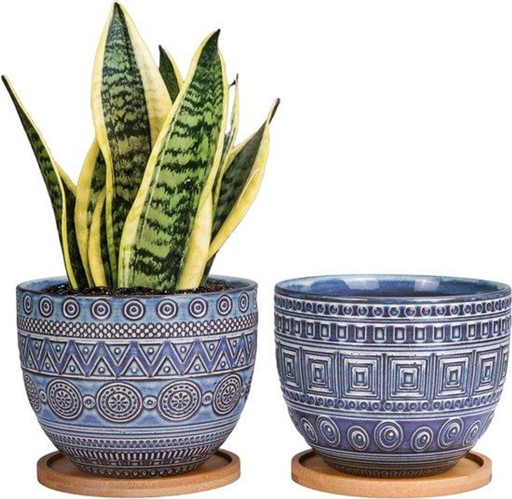 Keramische plantenbak set met geometrisch ontwerp blauwachtig