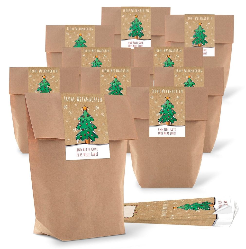 10 kleine braune natürliche Papiertüten natur Kraftpapier 16,5 x 26 x 6,6 cm + 10 weihnachtliche Aufkleber FROHE WEIHNACHTEN ALLES GUTE FÜRS NEU...