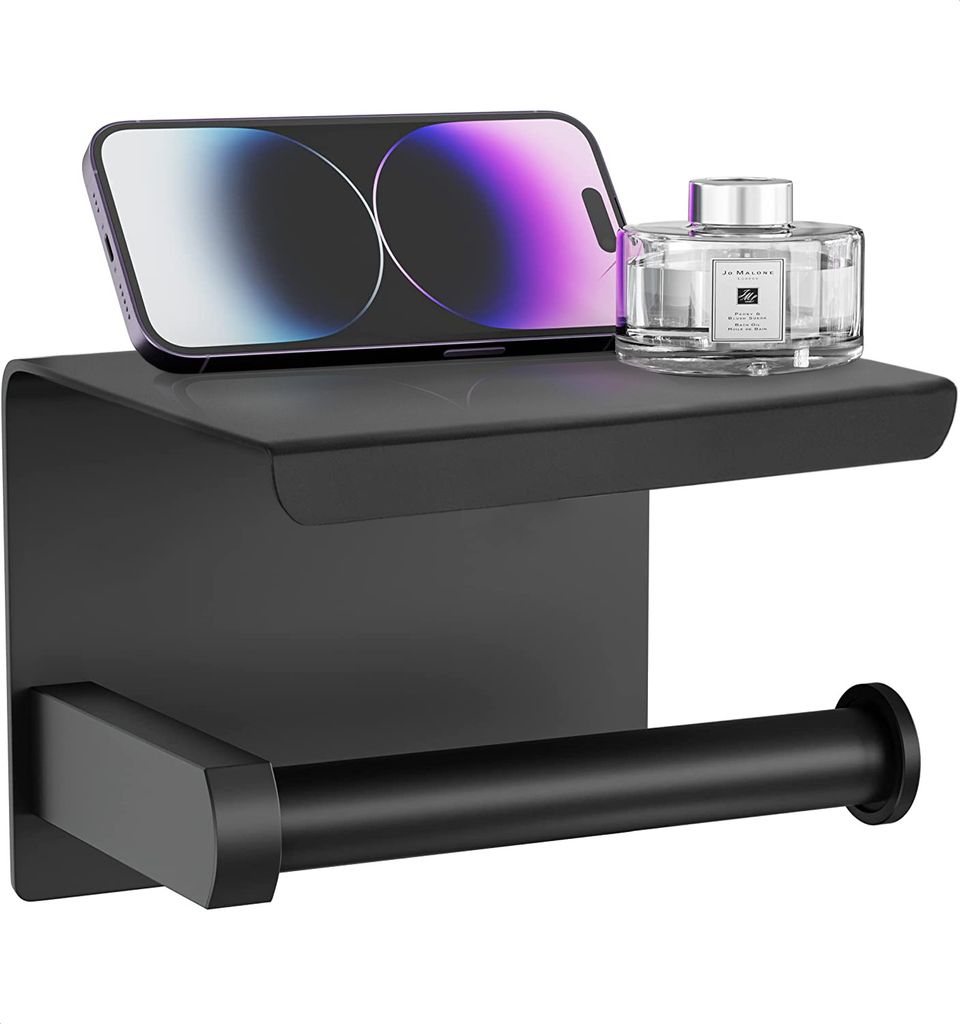 Strex Toilettenpapierhalter mit Ablage - Schwarz - Selbstklebend / Bohren / Kein Bohren - WC Rollenhalter - WC Papierhalter