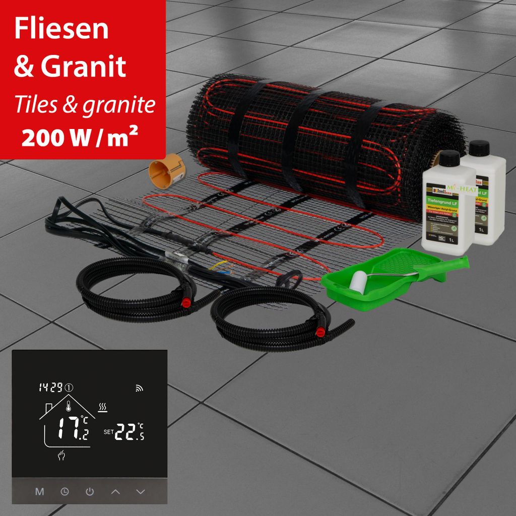 Elektrische Fußbodenheizung Dünnbettheizmatte 200Watt Komplett Set Thermostat Fliesen 15,0m²