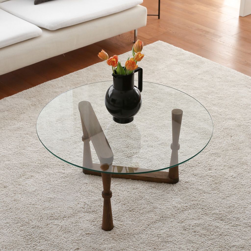 Skye Decor, Yuvarlak Cam Orta Sehpa S301, Couchtisch, Nussbaum, 100 % MASSIVES KIEFERHOLZ, 80 x 80 x 41 cm