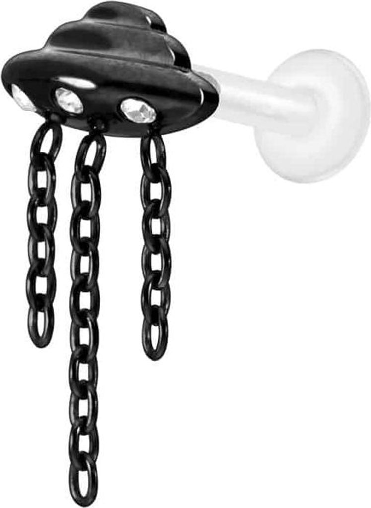 Ohrpiercing, Nasenpiercing PTFE Labret mit Innengewinde + Titan-Aufsatz UFO + KETTEN + KRISTALLE Schwarz Stablänge: 10mm | Stabstärke: 1,6mm