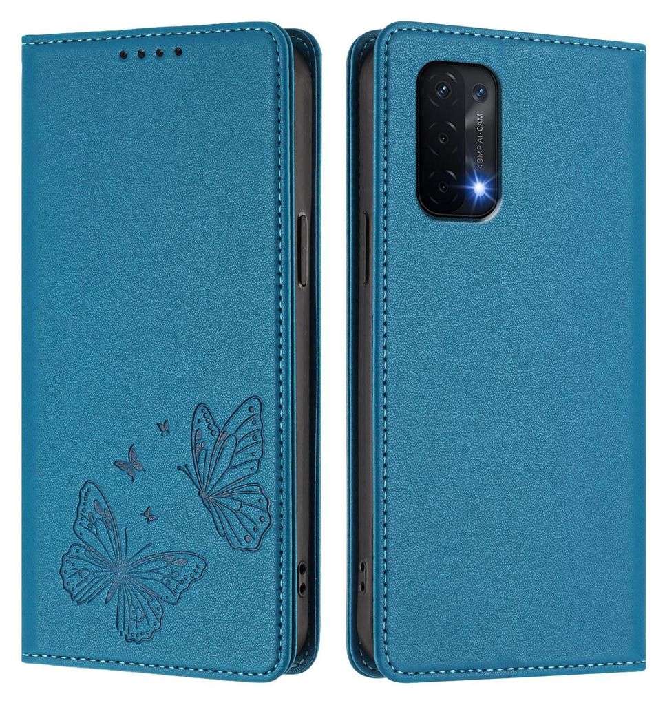 Lederhülle für Oppo A54 5G/Oppo A74 5G, Schmetterling Prägung Leder Brieftasche Schutzhülle mit Ständer Blau
