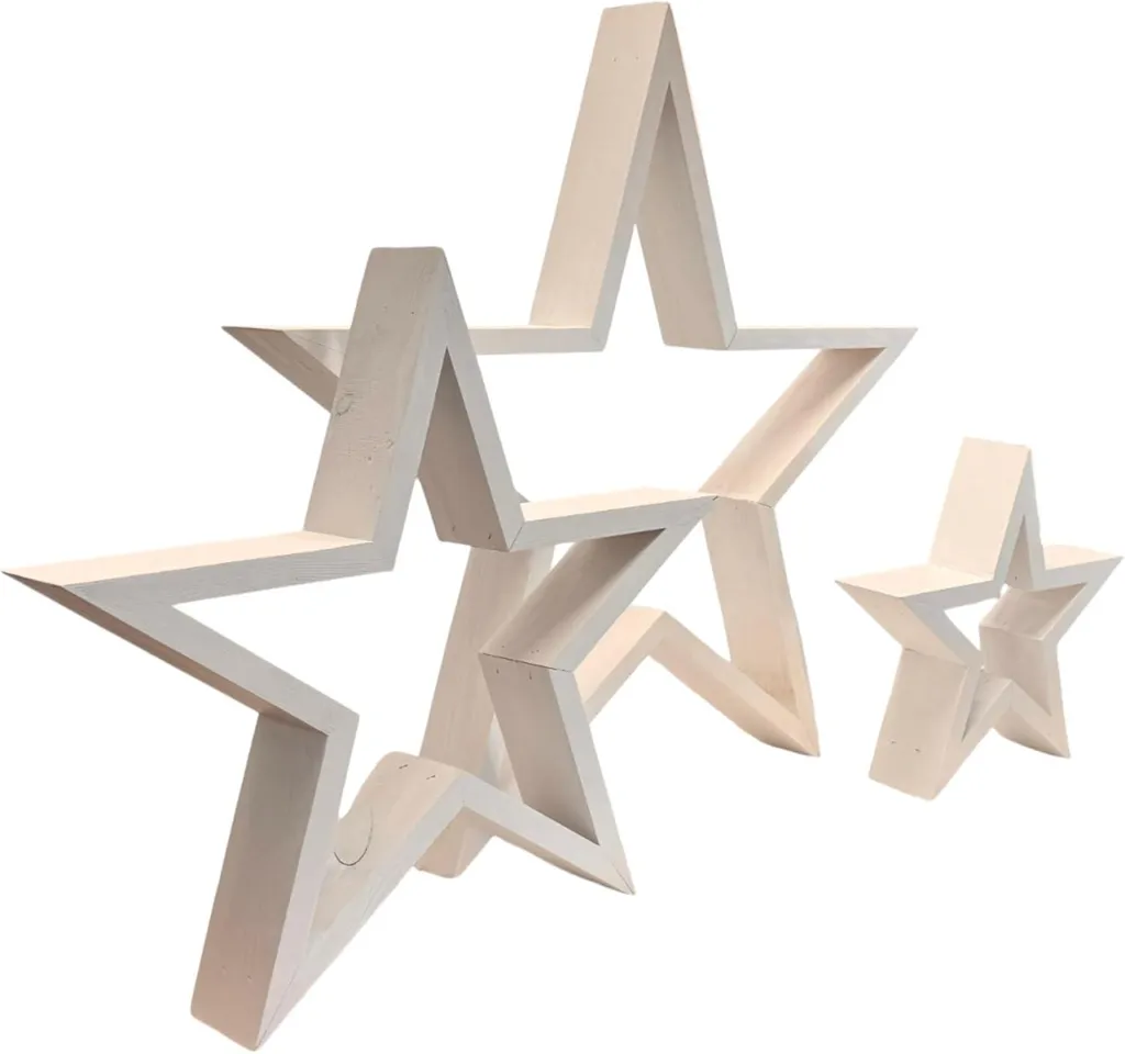 Étoiles en bois LED blanc chaud : lot de 3 suspensions Noël design pur