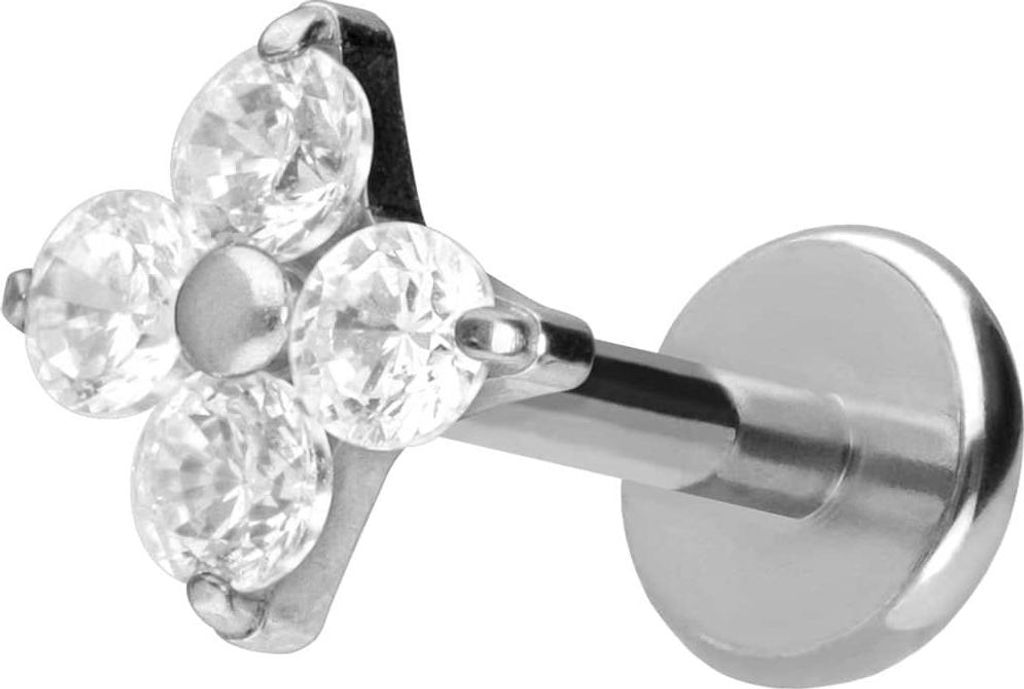 Ohrpiercing, Nasenpiercing Titan Labret mit Push Fit KRISTALLBLUME Silber Stablänge: 9mm | Stabstärke: 1mm