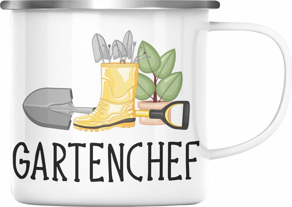 Trendation - Gartenchef Emaille Tasse Geschenk Gärtner Gartenarbeit Hobby Garten Emaille Emaille Tasse Hobbygärtner Lustig (Silber)