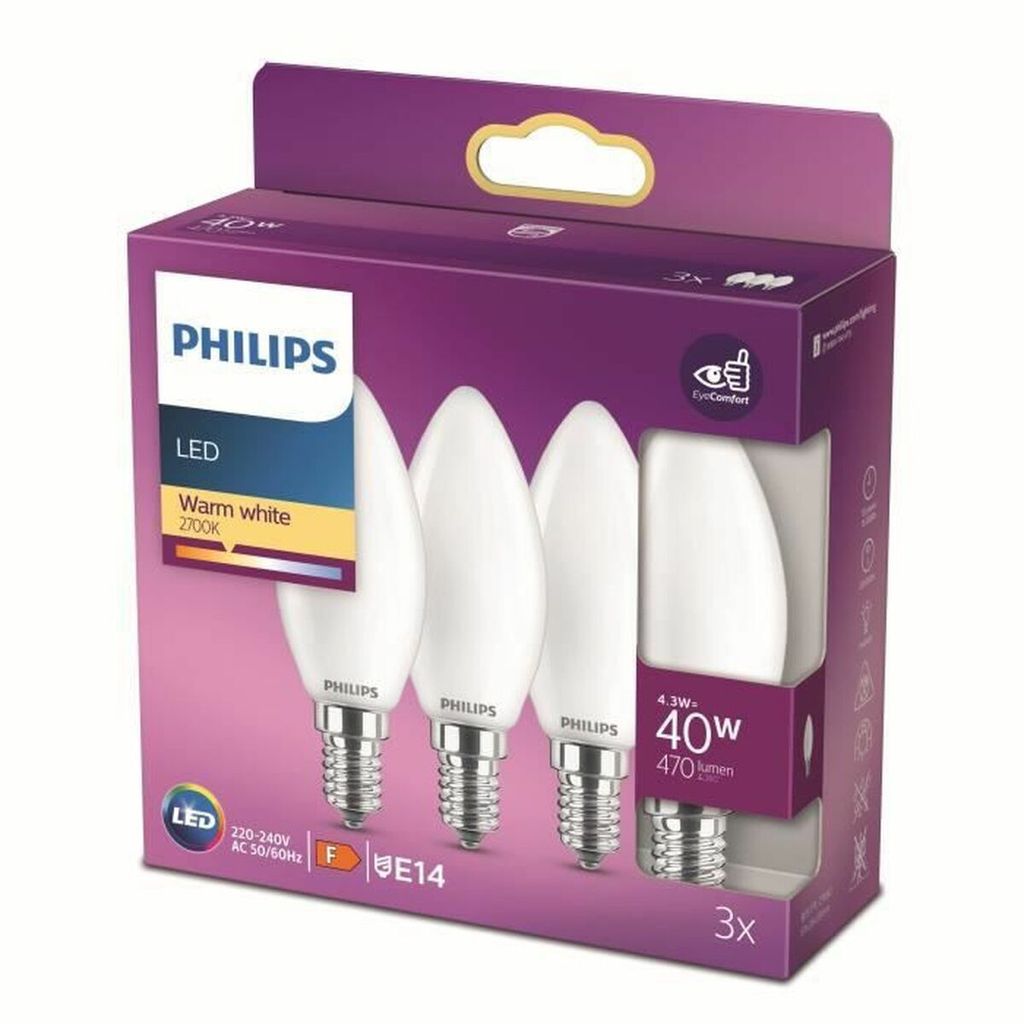 Set 3 Becuri LED Philips, 40W, E14, lumière chaude, 2700K, Image du produit 