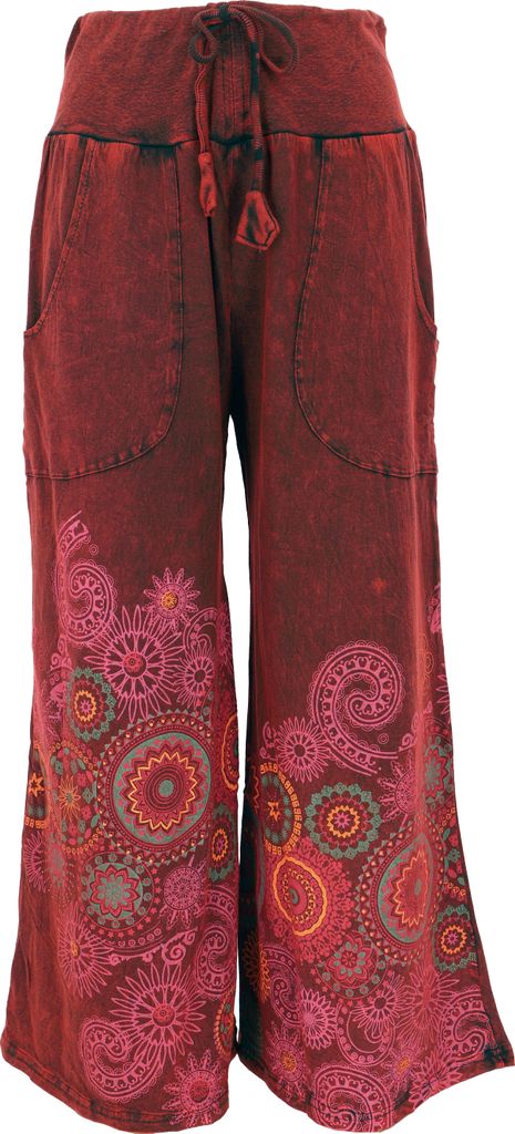 Palazzohose, Boho Baumwollhose, Hosenrock mit Blüten, Schlaghose - Rot, Damen, Baumwolle, Größe: L