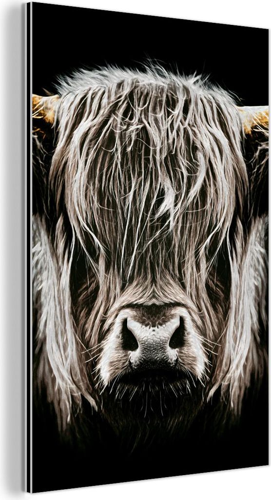 MuchoWow Wanddekoration Metall Metallbild Wandkunst 40x60 cm Schottisches Hochlandrind - Gold - Hörner - Schwarz und weiß - Kuh - Tiere MuchoWow ...