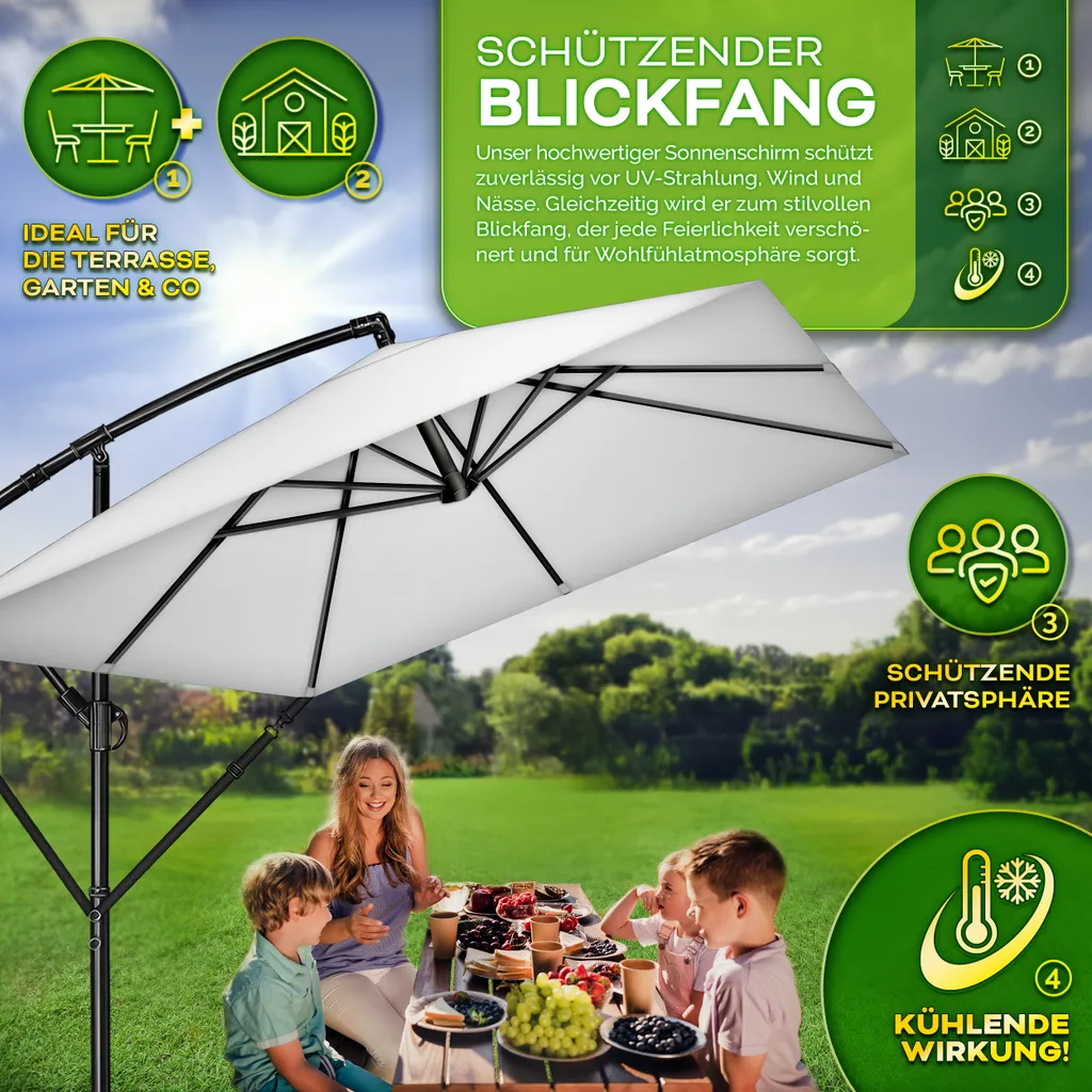 tillvex® Ombrellone in alluminio rettangolare Ø 330 cm grigio + copertura con manovella | Ombrellone quadrato con supporto e parabrezza | Ombrellone da giardino in alluminio con protezione UV | Ombrellone a manovella impermeabile ruotabile a 360 gradi - 6