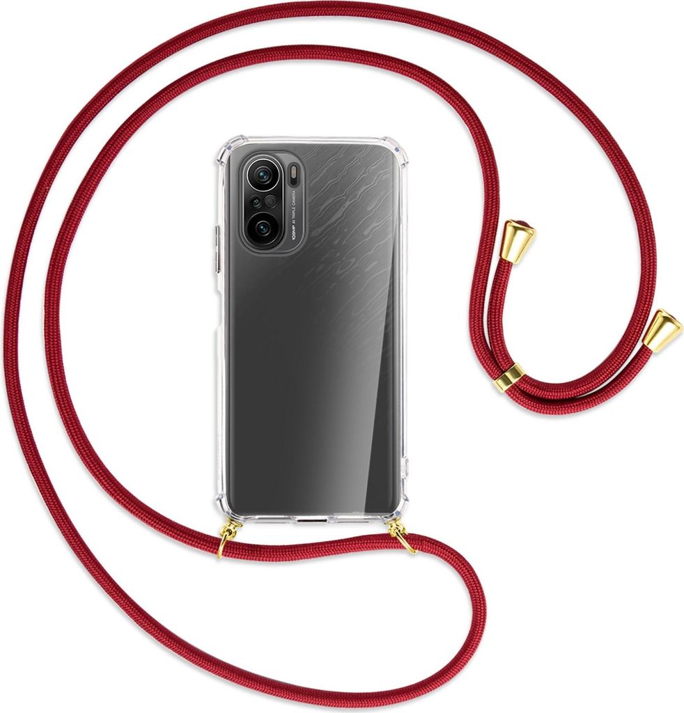 Handykette Backcover-Schutzhülle mit Band (Metall goldfarben) für Xiaomi Mi11i / Poco F3 (Pro), Redmi K40 - dunkelrot