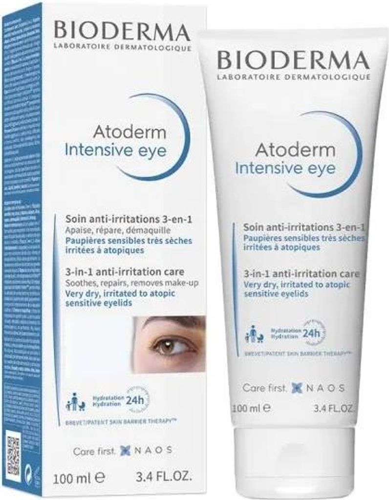 A product shot of a Bioderma Atoderm Intensive Eye cream tube and its packaging.