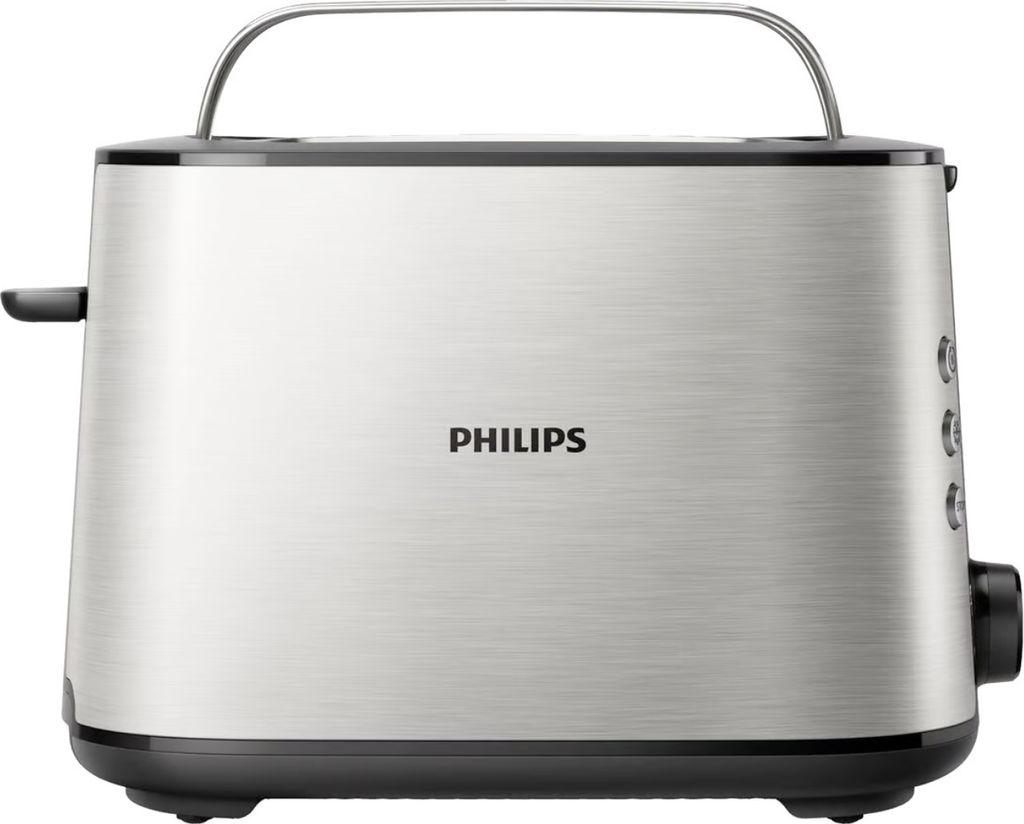 A silver and black Philips toaster is shown from the front.